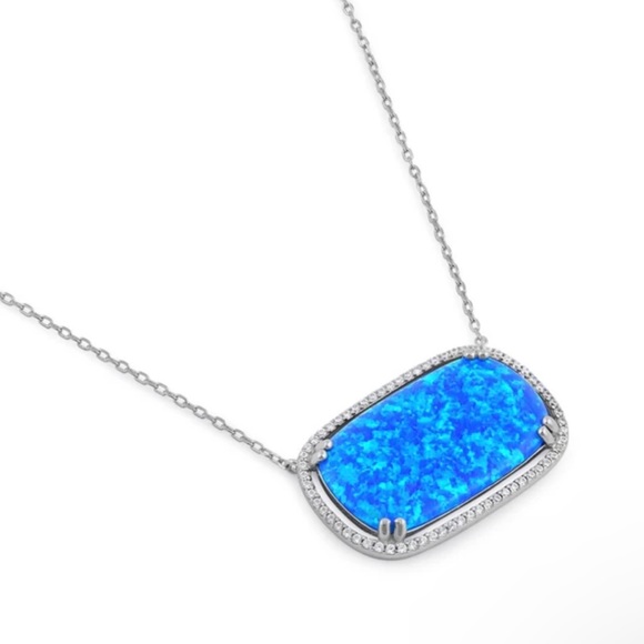 925 Sterling Silver Blue Opal Squoval CZ Halo Necklace - Picture 2 of 6